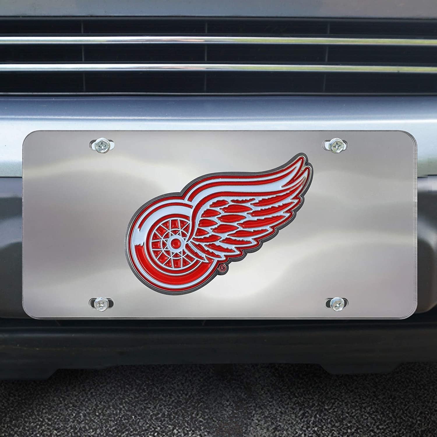 Detroit Red Wings License Plate Tag, Premium Stainless Steel Diecast, Chrome, Raised Solid Metal Color Emblem, 6x12 Inch