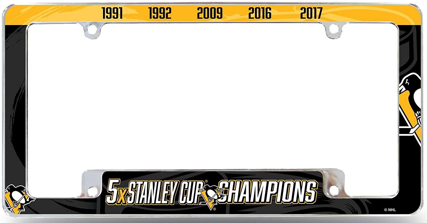 Pittsburgh Penguins 5X Time Champions Metal License Plate Frame Chrome Tag Cover, All Over Design, 6x12 Inch