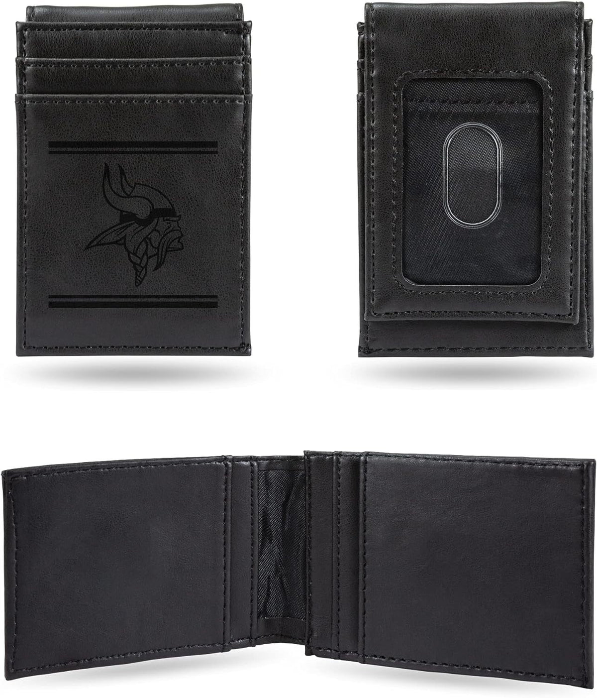 Minnesota Vikings Premium Black Leather Wallet, Front Pocket Magnetic Money Clip, Laser Engraved, Vegan 1