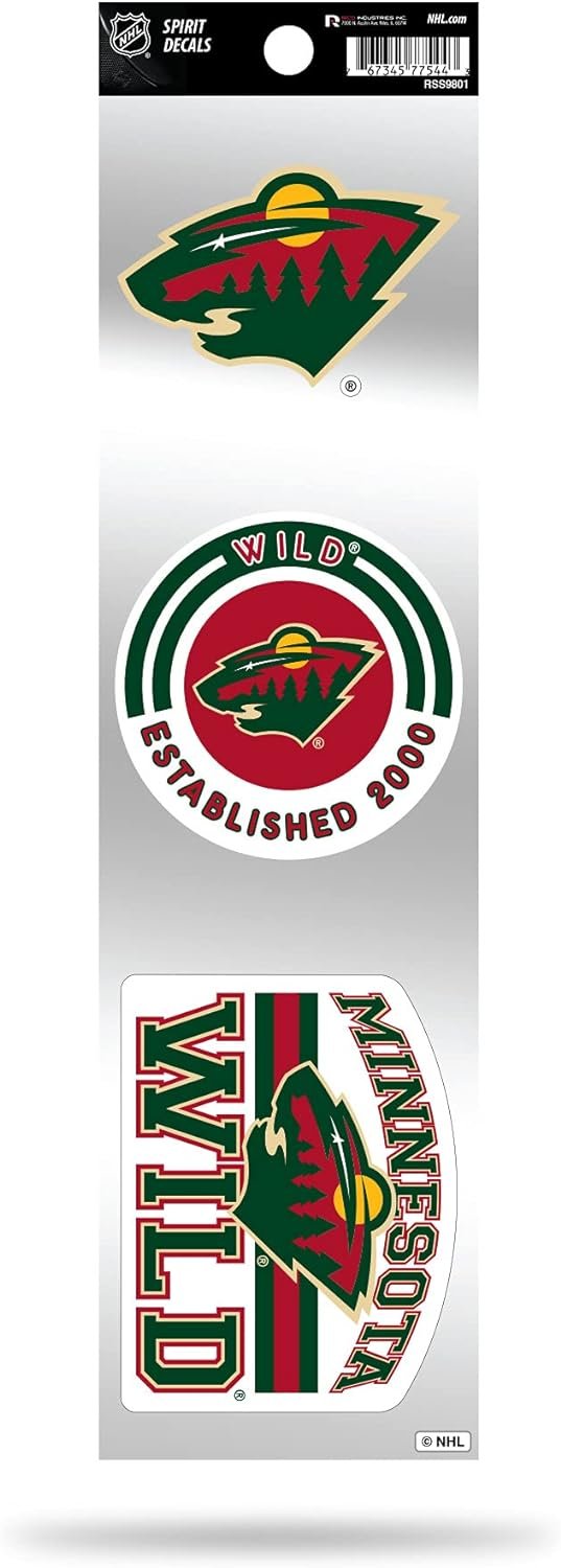 Minnesota Wild 3-Piece Retro Decal Sticker Sheet, Die Cut, Clear Backing, 3x12 Inch