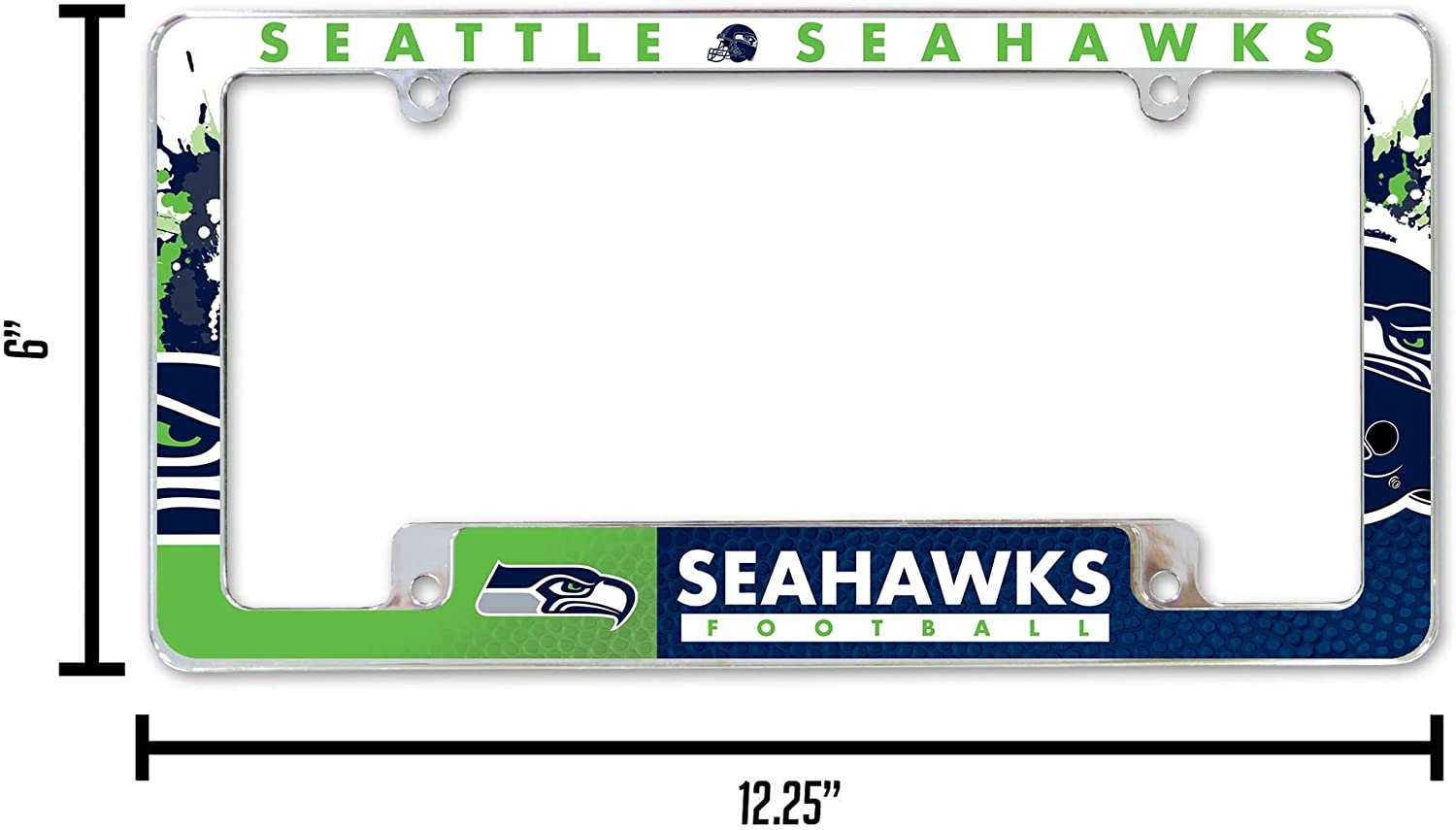 Seattle Seahawks Metal License Plate Frame Chrome Tag Cover All Over Design 12x6 Inch 3