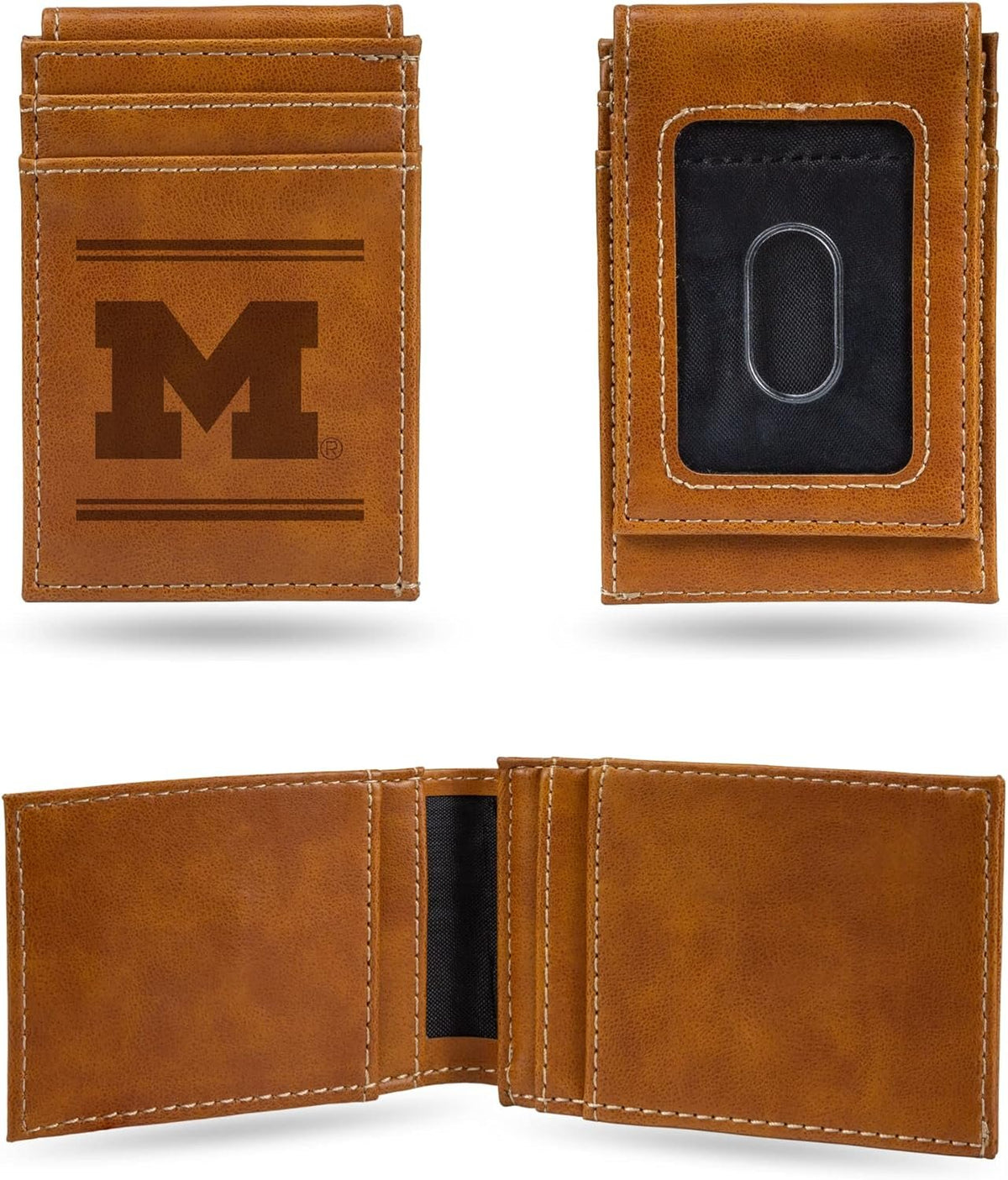 NCAA Michigan Wolverines Men’s Front ID Pocket Brown Wallet- Premium 8 Pocket Laser-Engraved Team Logo on Vegan Leather- Minimalist Design, Credit Card Holder- Ideal for Travel or Men’s Gift