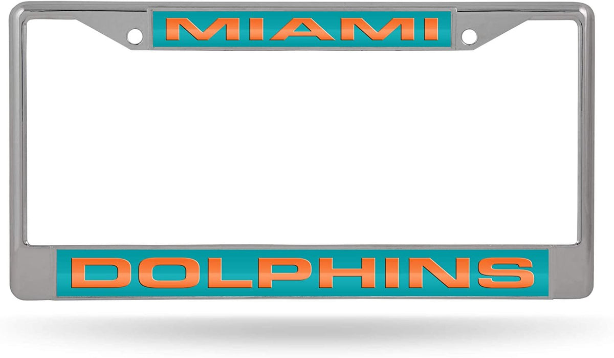 Miami Dolphins Chrome Metal License Plate Frame Tag Cover, Laser Acrylic Mirrored Inserts, 12x6 Inch
