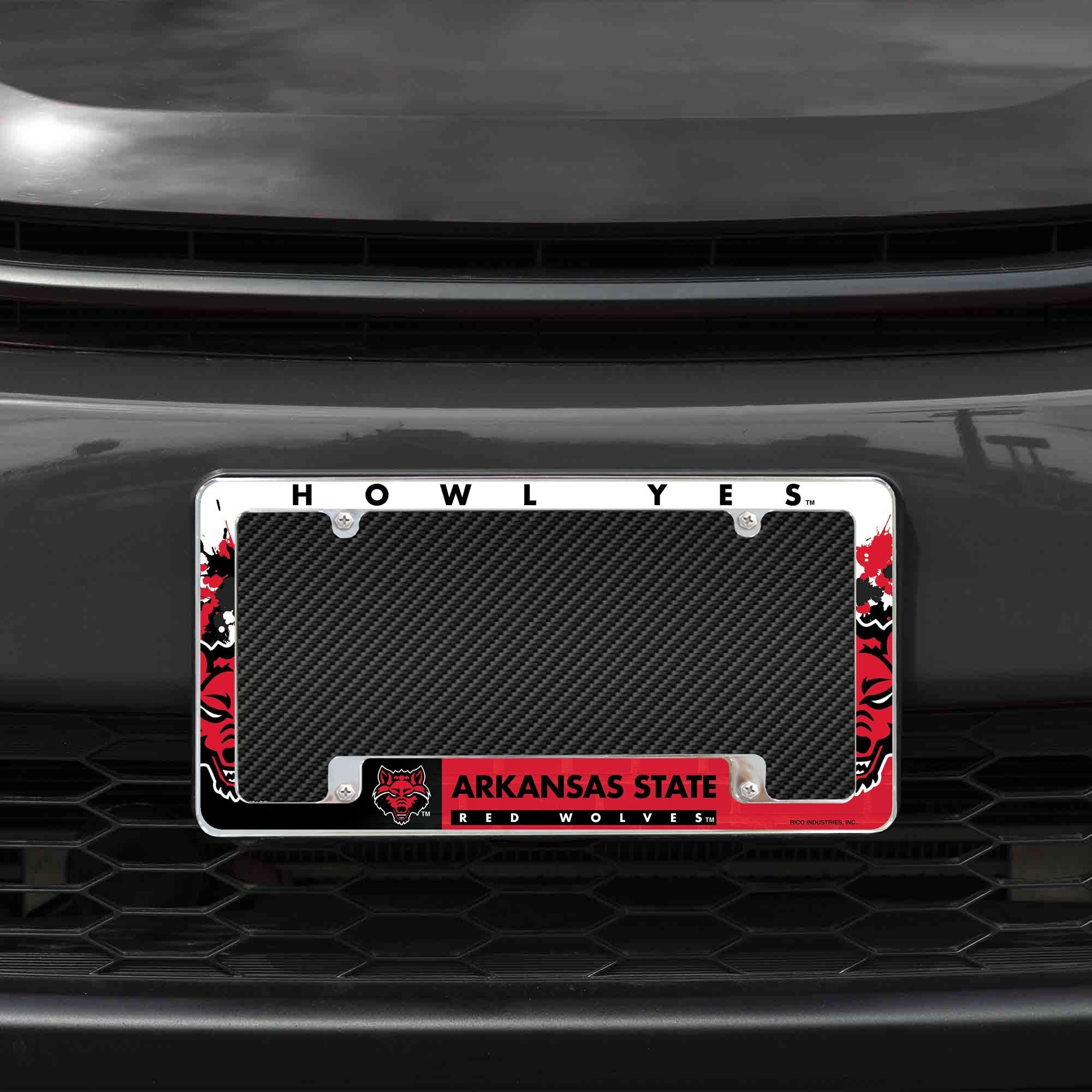Arkansas State University Red Wolves Metal License Plate Frame Chrome Tag Cover, All Over Design, 6x12 Inch