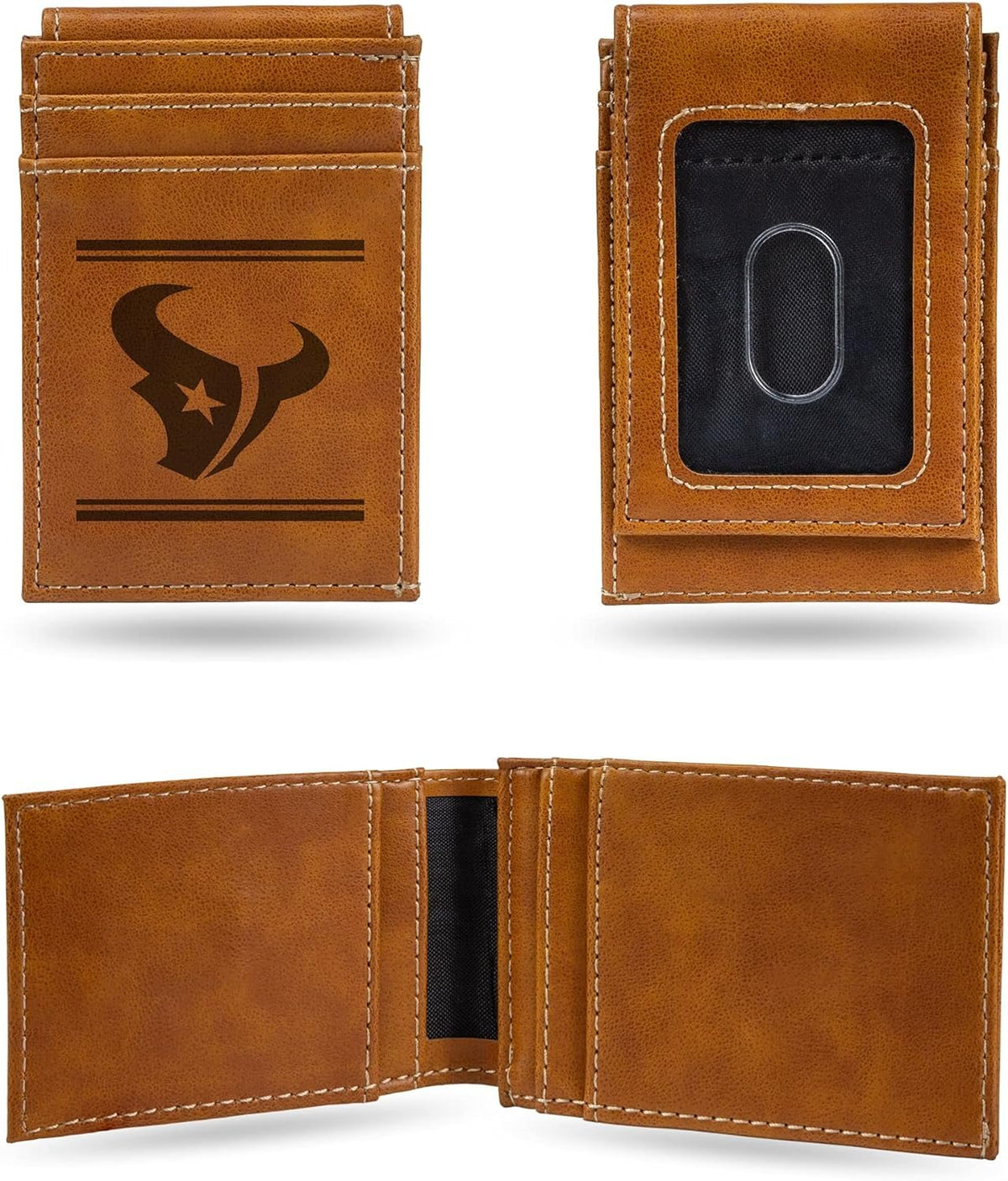 Rico Industries NFL Houston Texans Premium Laser Engraved Vegan Brown Leather Front Pocket Wallet - Compact and Slim yet Sturdy Design - Perfect to Show Your Team Pride or Gift