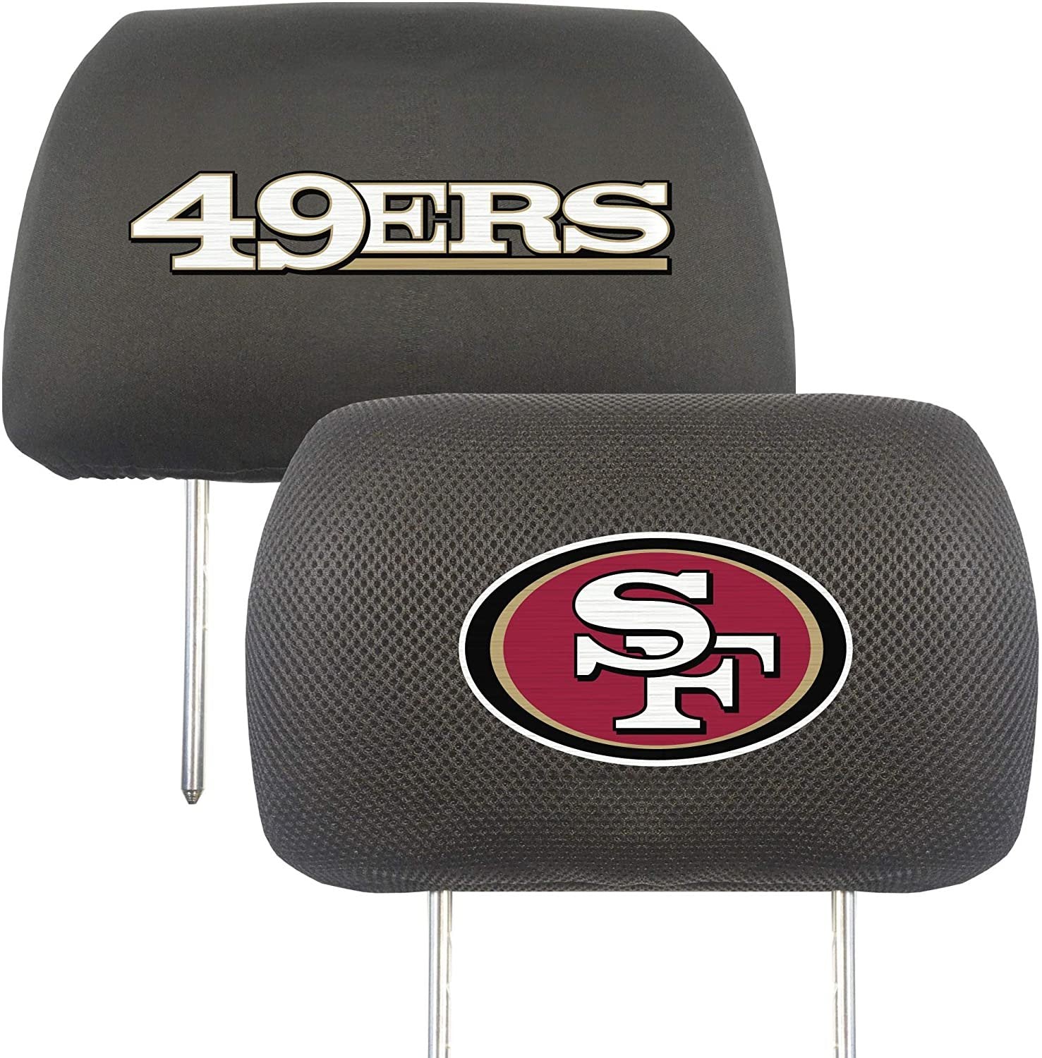 San Francisco 49ers Pair of Premium Auto Head Rest Covers, Embroidered, Black Elastic, 14x10 Inch