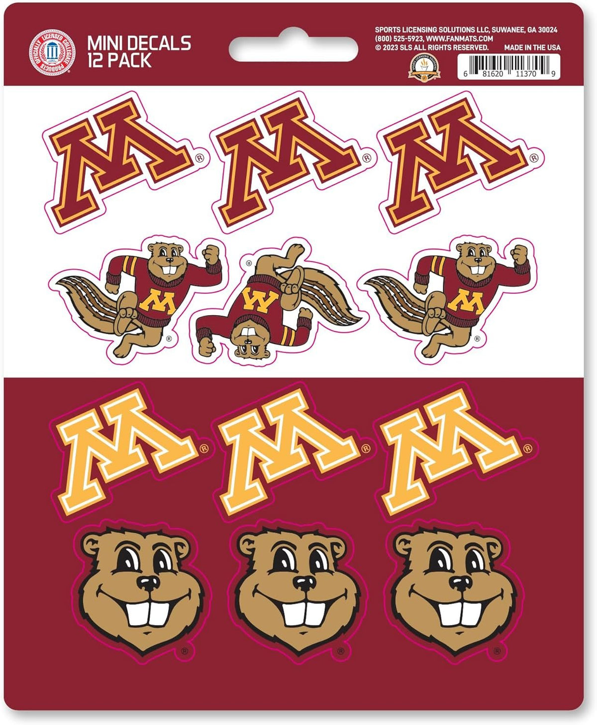 University of Minnesota Golden Gophers 12-Piece Mini Decal Sticker Set, 5x6 Inch Sheet, Gift for football fans for any hard surfaces around home, automotive, personal items