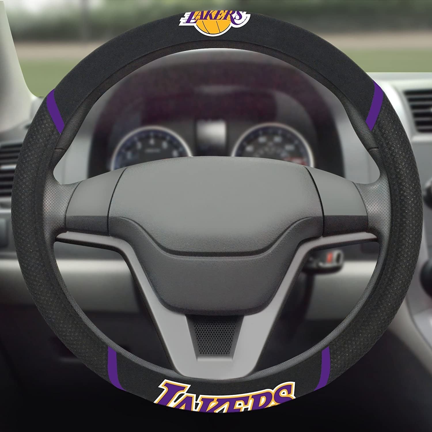 Los Angeles Lakers Steering Wheel Cover Premium Embroidered Black 15 Inch 3