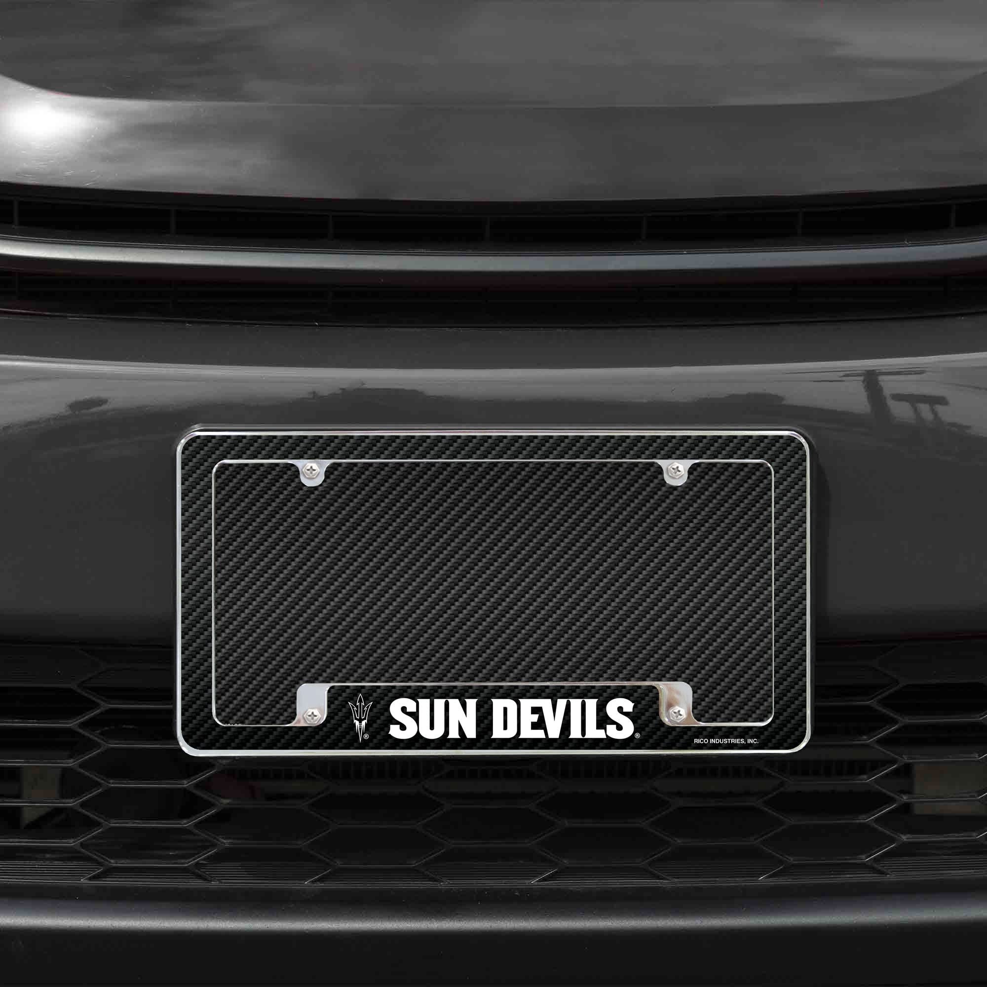 Arizona State University Sun Devils Metal License Plate Frame Chrome Tag Cover, Carbon Fiber Design, 6x12 Inch