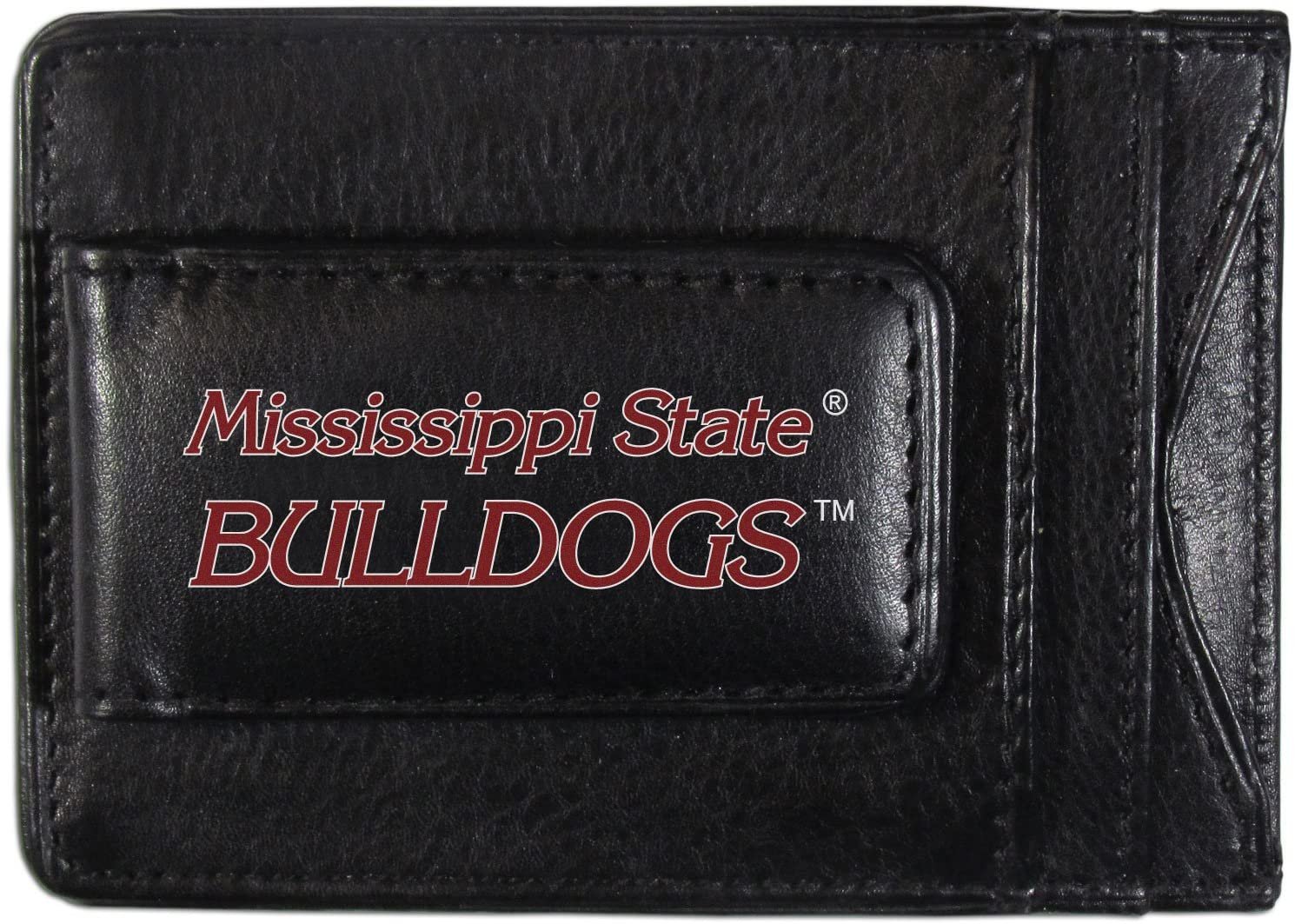 Mississippi State University Bulldogs Black Leather Wallet, Front Pocket Magnetic Money Clip, Printed Logo