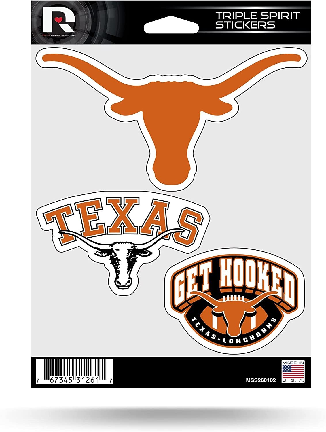 University of Texas Longhorns Sticker Decal Sheet 3-Piece Die Cut 5x7 Inch