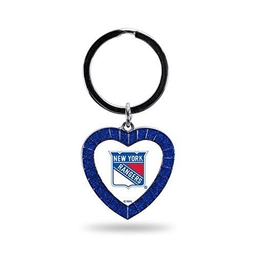 New York Rangers Metal Keychain, Team Color Rhinestone Heart, 3 Inches