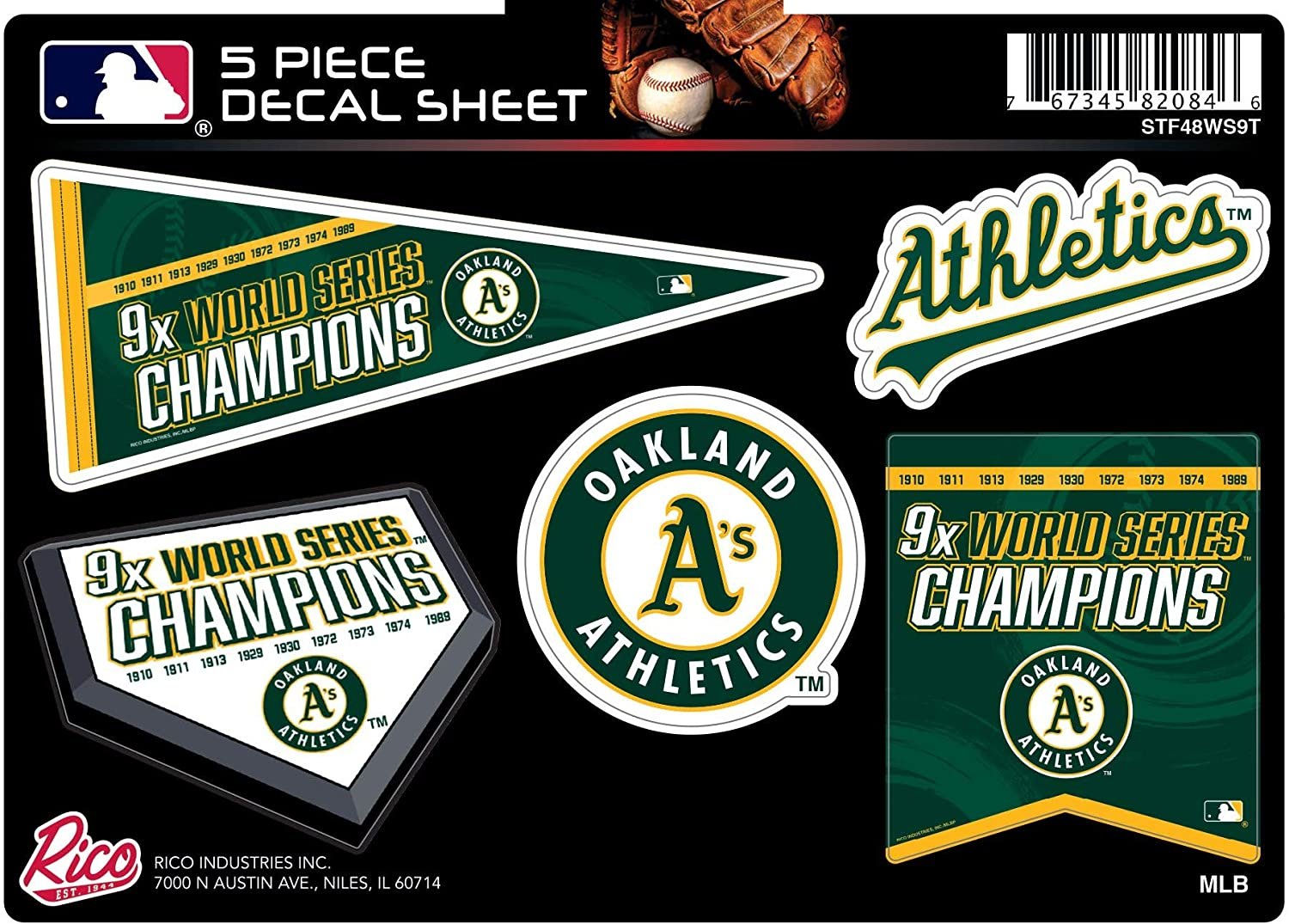 Athletics A's Decal Sticker 9X Time Champions 5 Piece Multi Sheet Flat Vinyl Emblem World Series Baseball 1