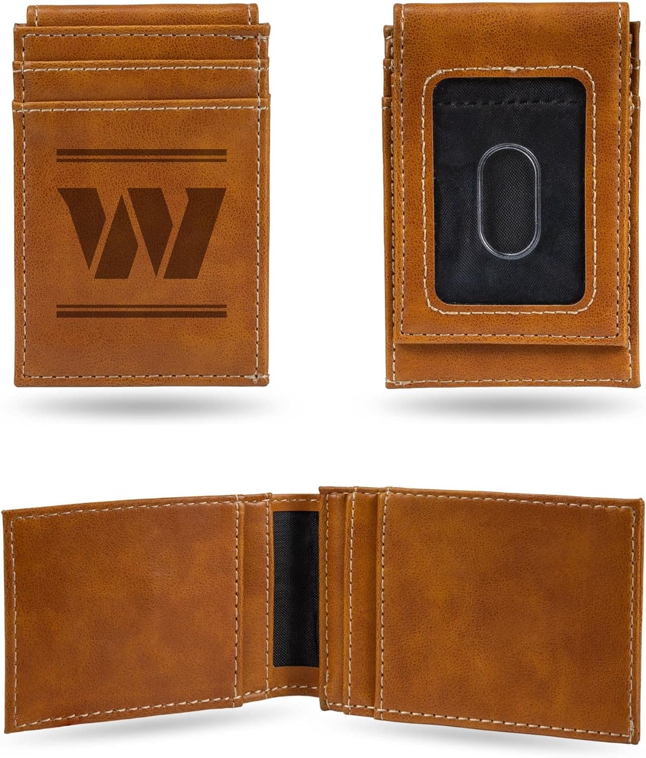 Washington Commanders Premium Brown Leather Wallet, Front Pocket Magnetic Money Clip, Laser Engraved, Vegan 1