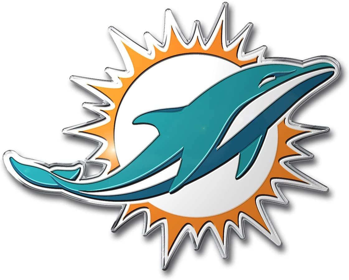 Miami Dolphins Auto Emblem, Aluminum Metal, Embossed Team Color, Raised Decal Sticker, Full Adhesive Backing 1