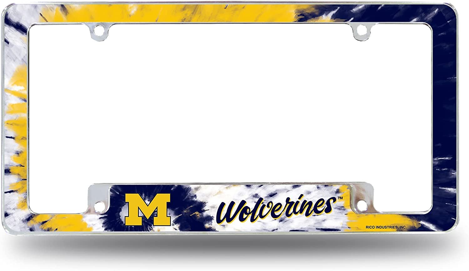 University of Michigan Wolverines Metal License Plate Frame Chrome Tag Cover Tie Dye Design 6x12 Inch