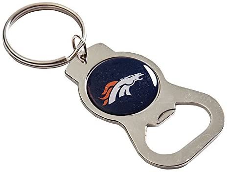 Denver Broncos Premium Solid Metal Bottle Opener Keychain, Silver Key Ring, Team Logo 1