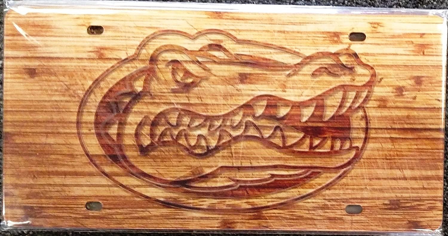University of Florida Gators Premium Laser Cut Tag License Plate, Woodgrain Design, Mirrored Acrylic Inlaid, 6x12 Inch