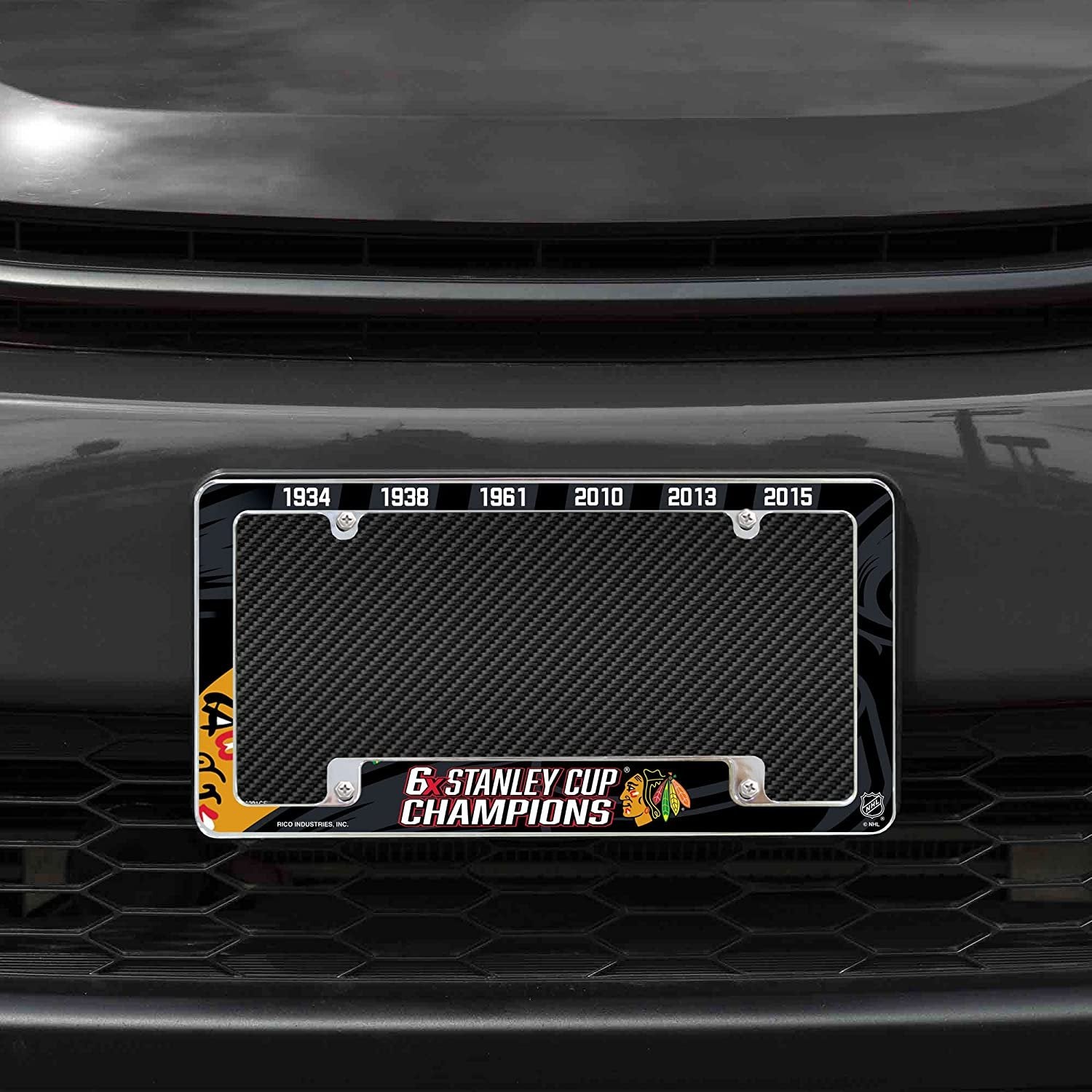 Chicago Blackhawks 6X Champions 6-Time Metal License Plate Frame Chrome Tag Cover 6x12 Inch