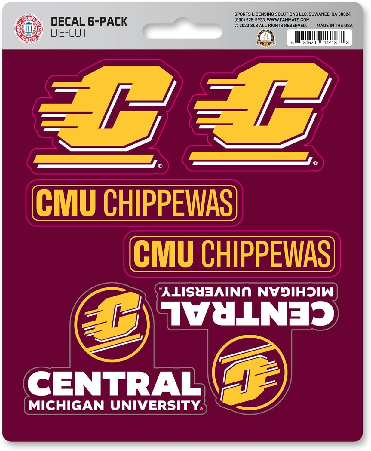 Central Michigan University Chippewas 6-Piece Decal Sticker Set, 5x6 Inch Sheet, Gift for football fans for any hard surfaces around home, automotive, personal items 1