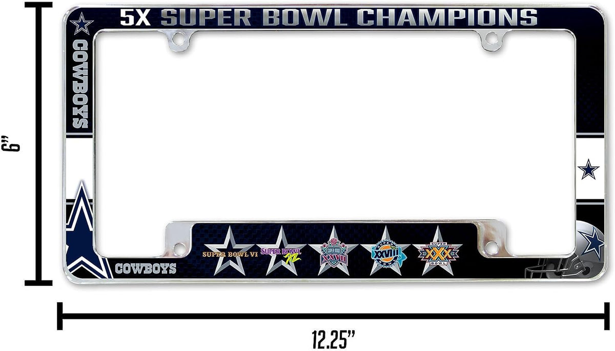 Dallas Cowboys 5-Time Champions Metal License Plate Frame Chrome Tag Cover Alternate Design 6x12 Inch 6