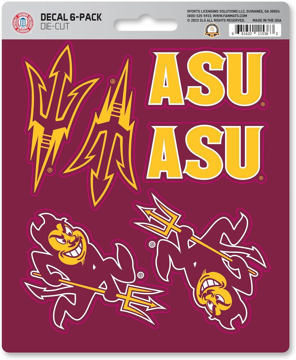 Arizona State University Sun Devils 6-Piece Decal Sticker Set, 5x6 Inch Sheet, Gift for football fans for any hard surfaces around home, automotive, personal items