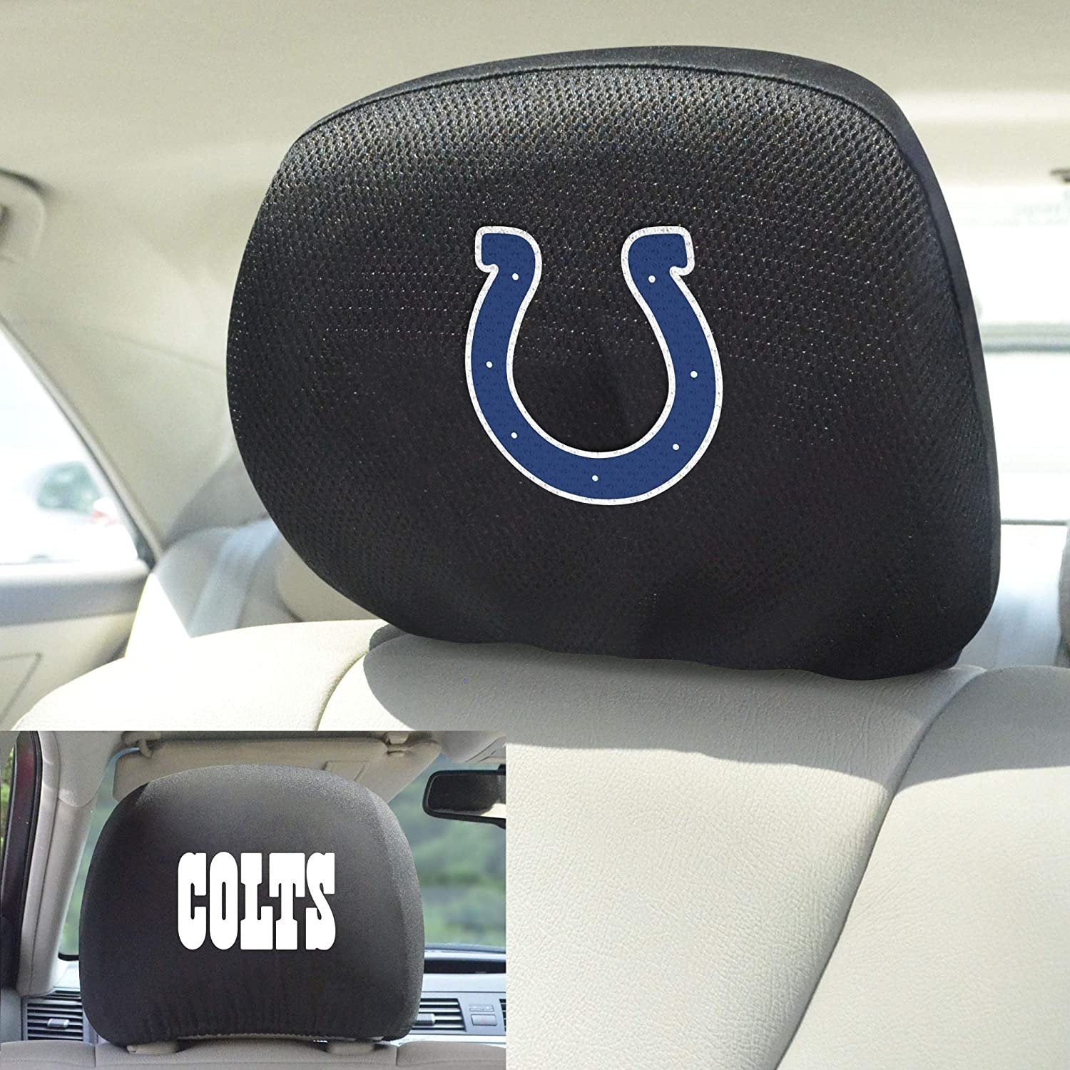 Indianapolis Colts Pair of Premium Auto Head Rest Covers, Embroidered, Black Elastic, 14x10 Inch 2