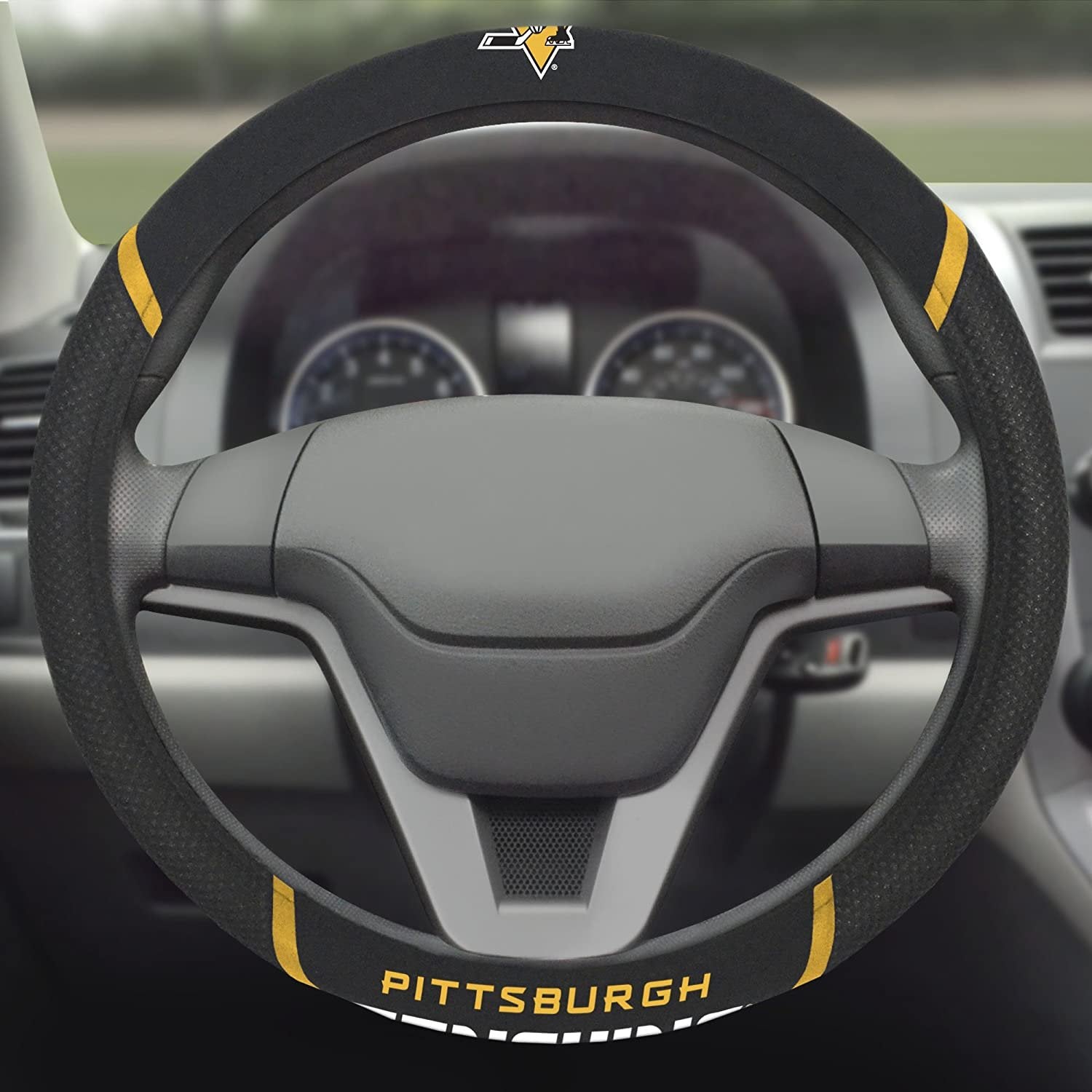 Pittsburgh Penguins Steering Wheel Cover Premium Embroidered Black 15 Inch 3