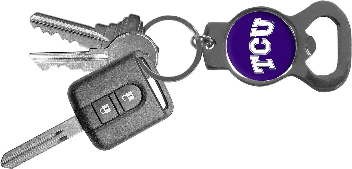 Texas Christian University TCU Horned Frogs Premium Solid Metal Bottle Opener Keychain, Silver Key Ring, Team Logo