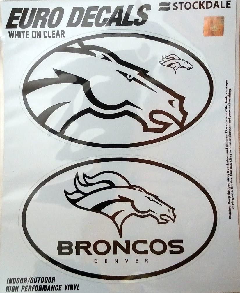 Denver Broncos 2-Piece White and Clear Euro Decal Sticker Set, 4x2.5 Inch Each 1