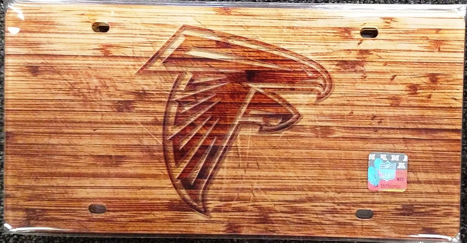 Atlanta Falcons Premium Laser Cut Tag License Plate, Woodgrain Design, Mirrored Acrylic, 12x6 Inch