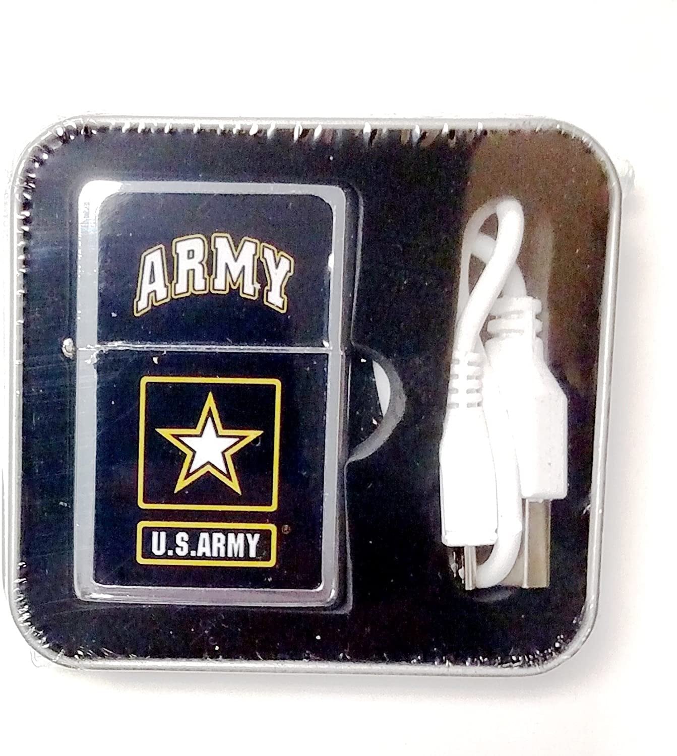 Army USB Powered Pocket Lighter Flip-Top Metal Chrome United States US Military