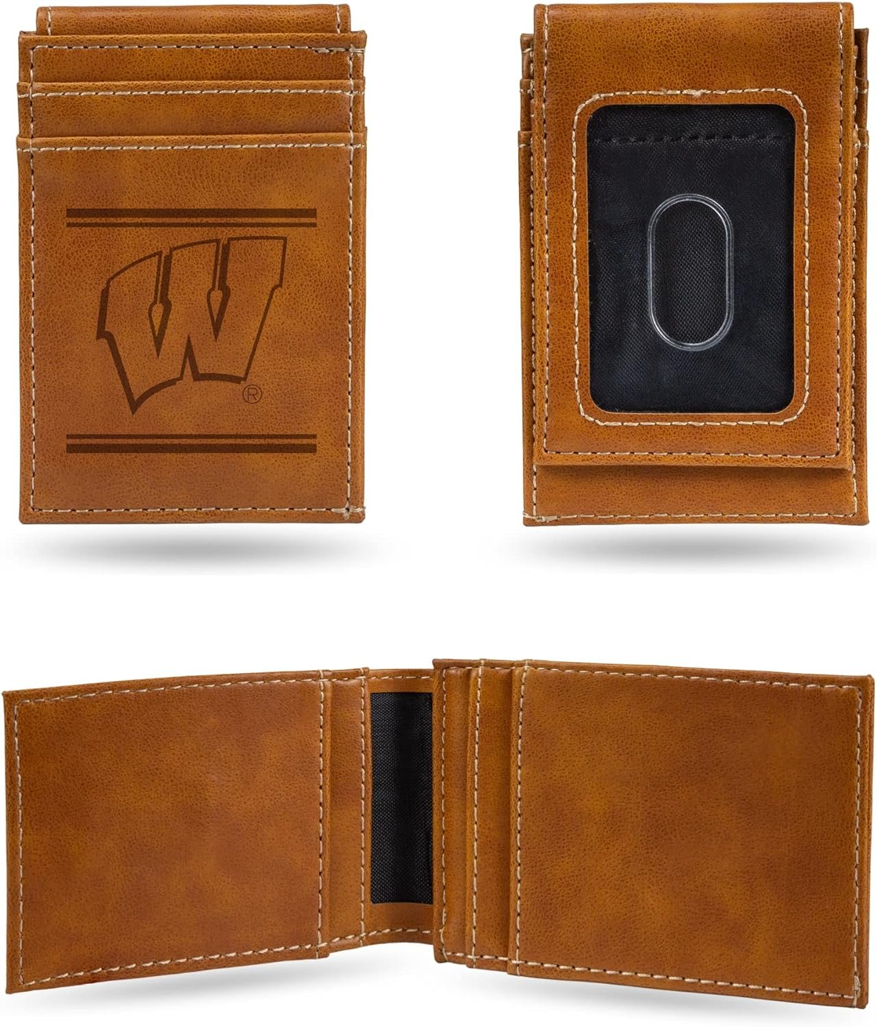 NCAA Wisconsin Badgers Men’s Front ID Pocket Brown Wallet- Premium 8 Pocket Laser-Engraved Team Logo on Vegan Leather- Minimalist Design, Credit Card Holder- Ideal for Travel or Men’s Gift 1