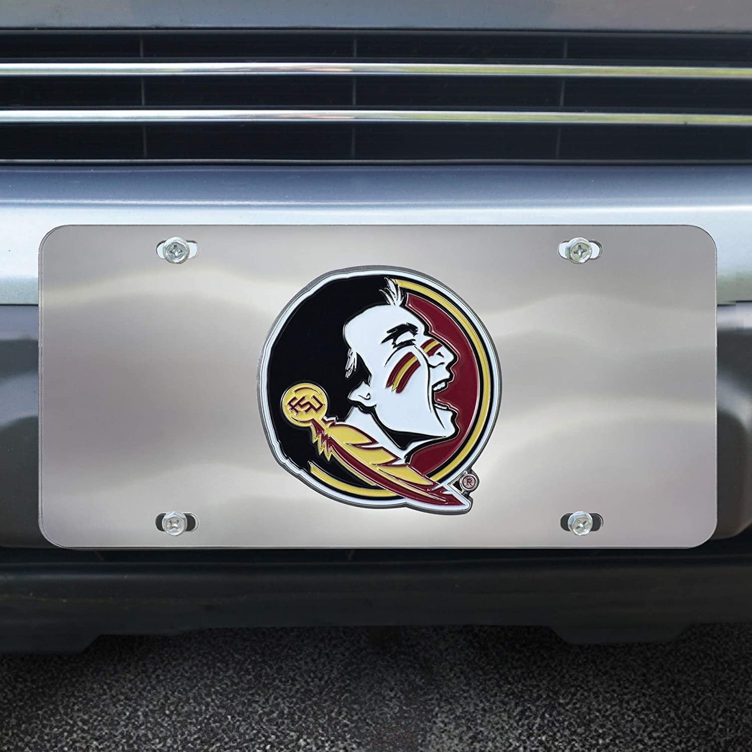 Florida State University Seminoles License Plate Tag, Premium Stainless Steel Diecast, Chrome, Raised Solid Metal Color Emblem, 6x12 Inch