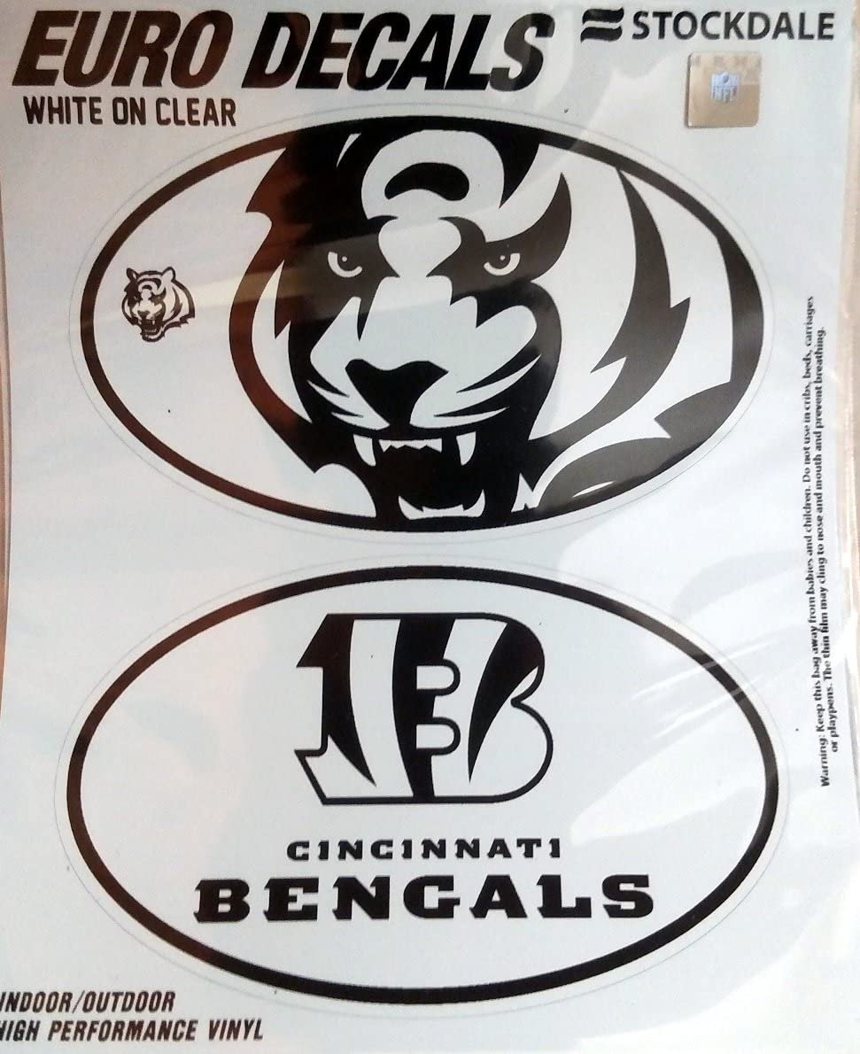 Cincinnati Bengals 2-Piece White and Clear Euro Decal Sticker Set, 4x2.5 Inch Each 1