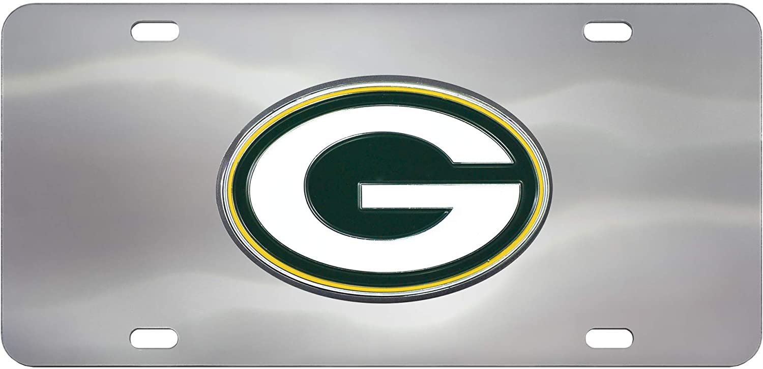 Green Bay Packers License Plate Tag, Premium Stainless Steel Diecast, Chrome, Raised Solid Metal Color Emblem, 6x12 Inch