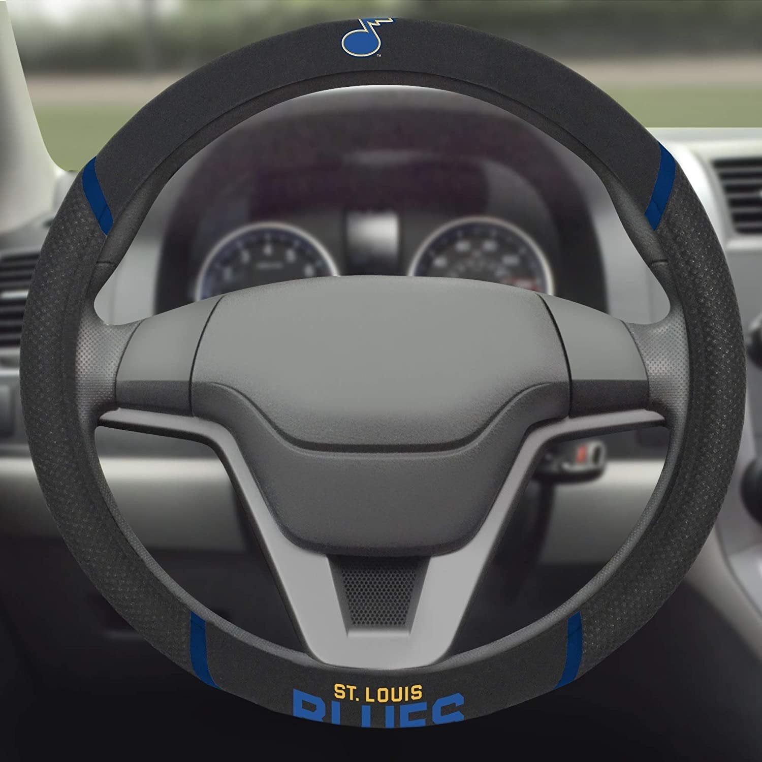 St Louis Blues Steering Wheel Cover Premium Embroidered Black 15 Inch 3