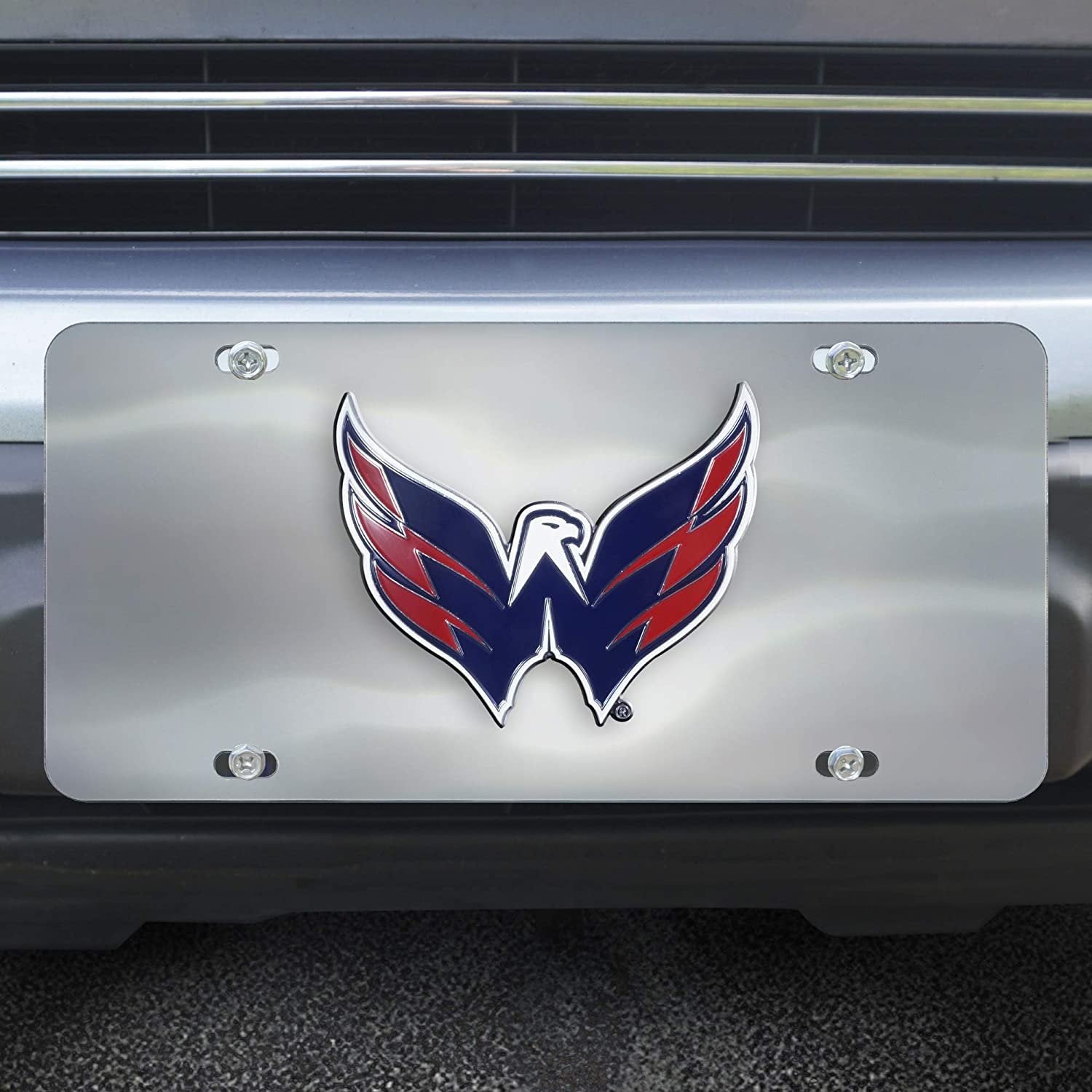 Washington Capitals License Plate Tag, Premium Stainless Steel Diecast, Chrome, Raised Solid Metal Color Emblem, 6x12 Inch