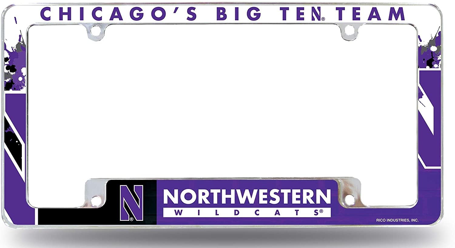 Northwestern University Wildcats Metal License Plate Frame Chrome Tag Cover, All Over Design, 6x12 Inch