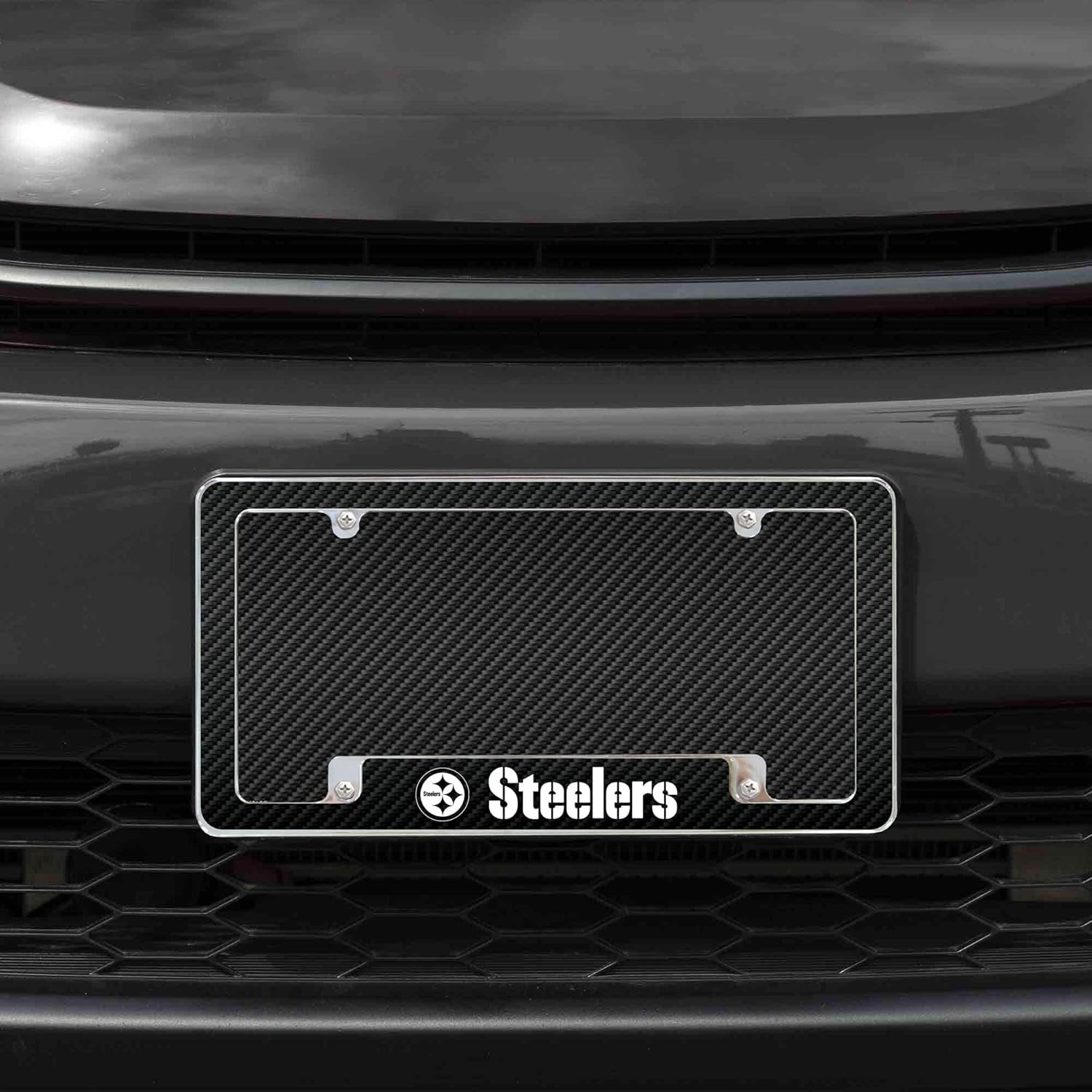 Pittsburgh Steelers Metal License Plate Frame Chrome Tag Cover, Carbon Fiber Design, 6x12 Inch 2