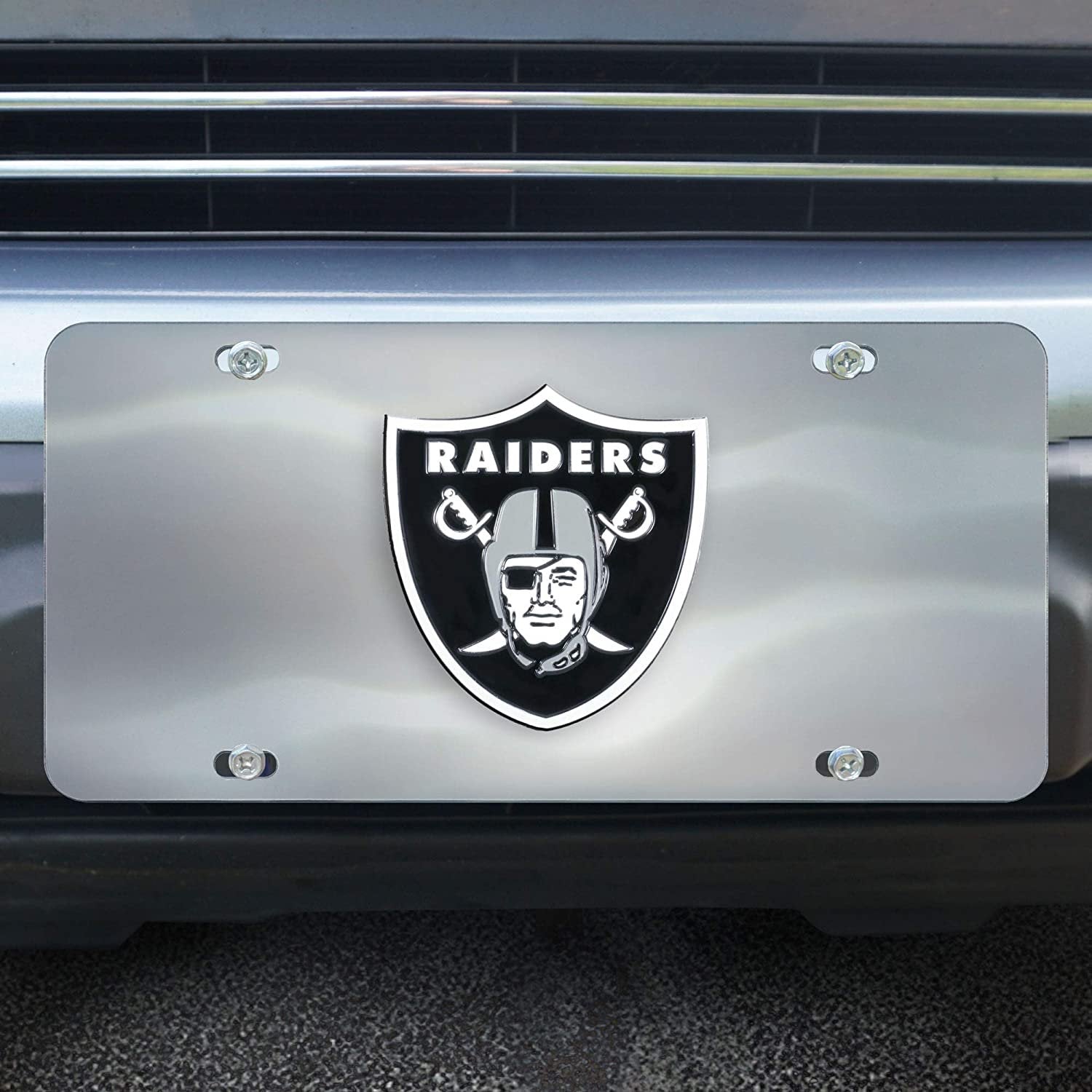 Las Vegas Raiders License Plate Tag, Premium Stainless Steel Diecast, Chrome, Raised Solid Metal Color Emblem, 6x12 Inch