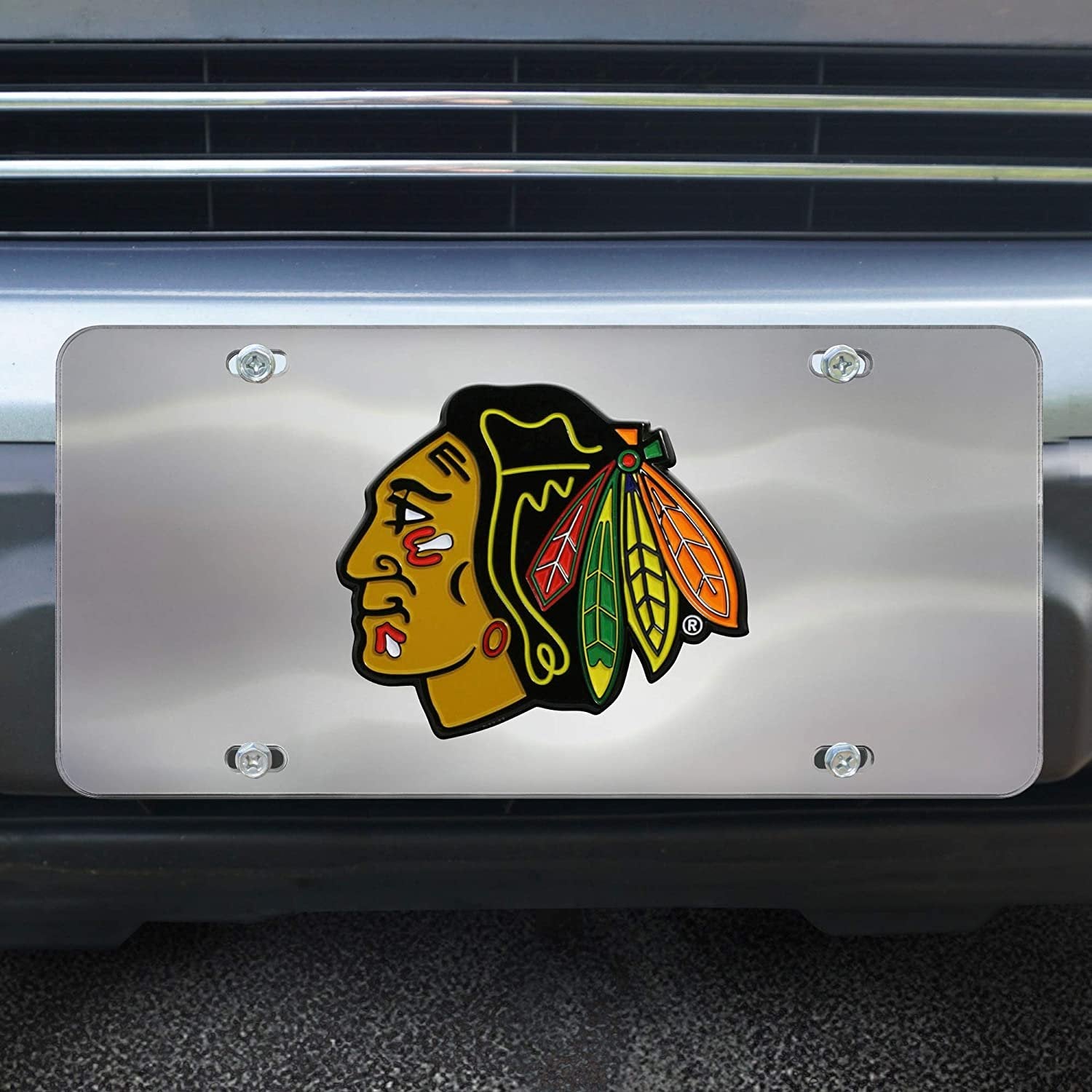 Chicago Blackhawks License Plate Tag, Premium Stainless Steel Diecast, Chrome, Raised Solid Metal Color Emblem, 6x12 Inch