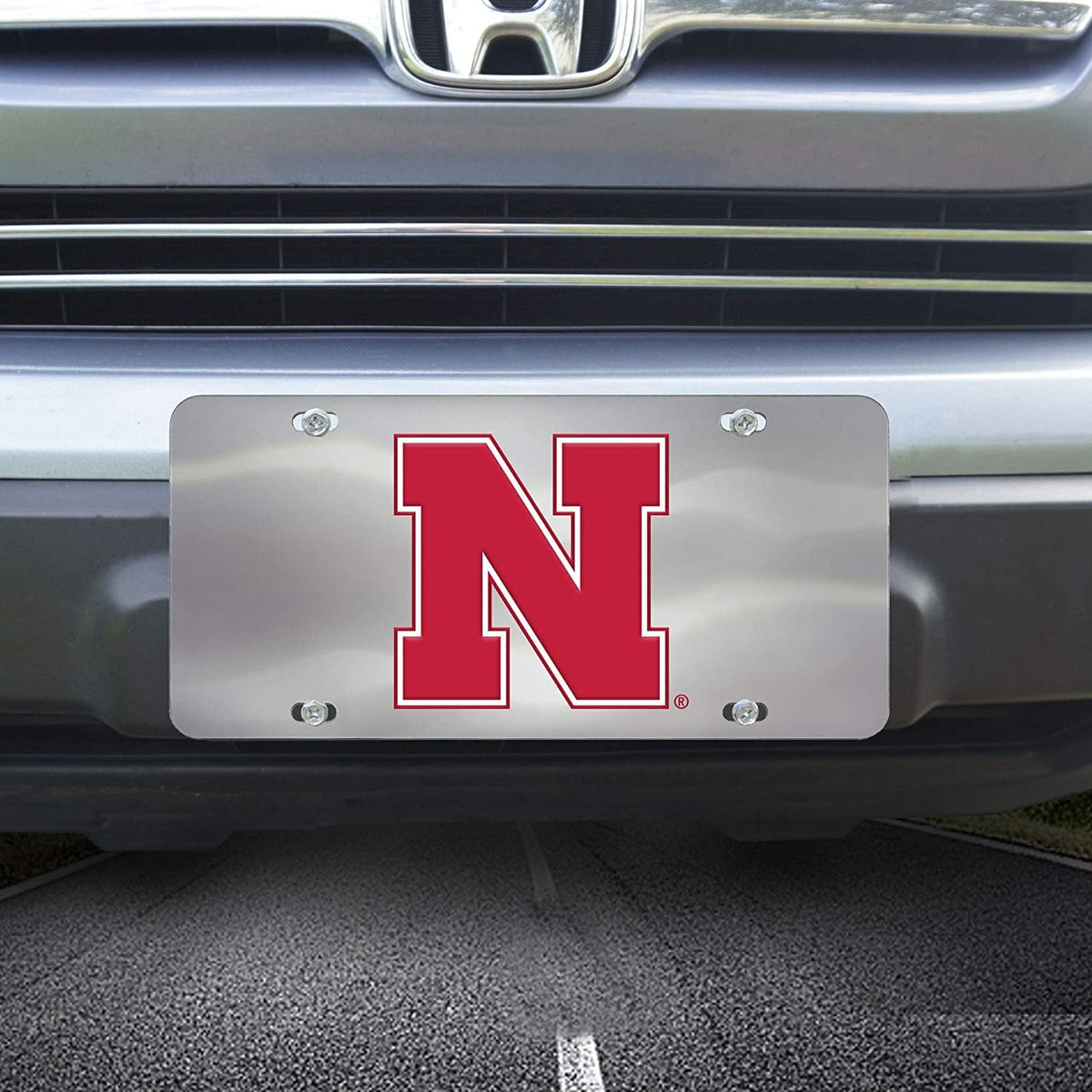 University of Nebraska Cornhuskers License Plate Tag, Premium Stainless Steel Diecast, Chrome, Raised Solid Metal Color Emblem, 6x12 Inch
