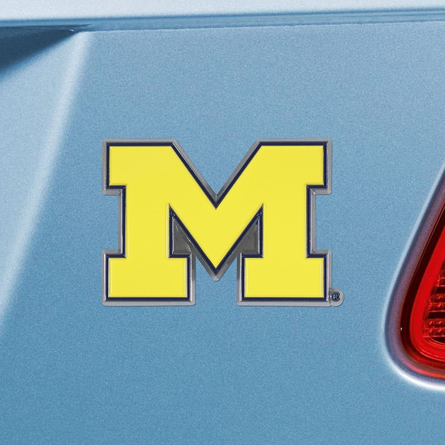 University of Michigan Wolverines Premium Solid Metal Raised Auto Emblem, Team Color, Shape Cut, Adhesive Backing
