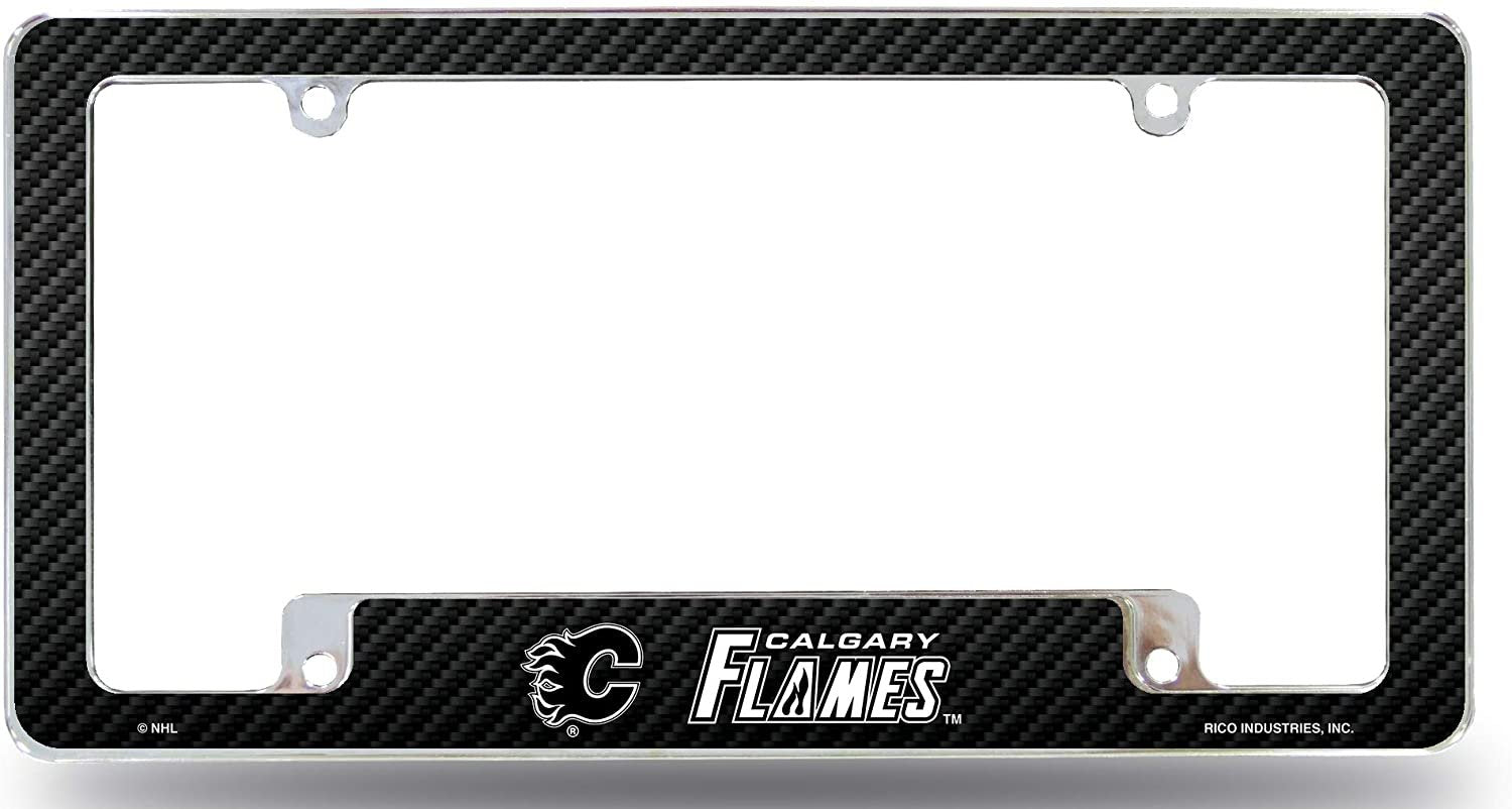 Calgary Flames Metal License License Plate Frame Tag Cover, Carbon Fiber Style, 12x6 Inch