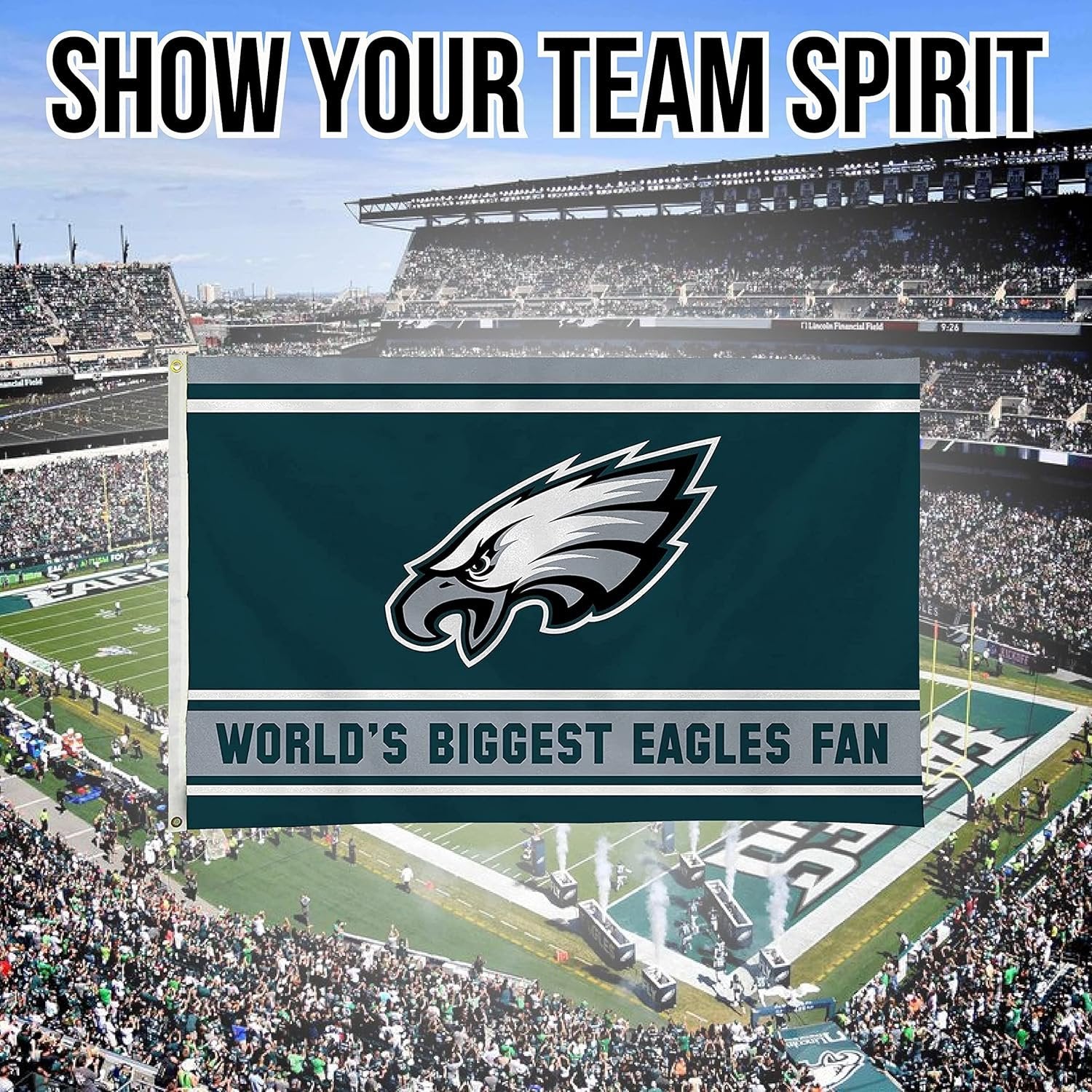 Philadelphia Eagles 3x5 Feet Flag Banner, World's Biggest Fan, Metal Grommets, Single Sided, Indoor or Outdoor Use 6