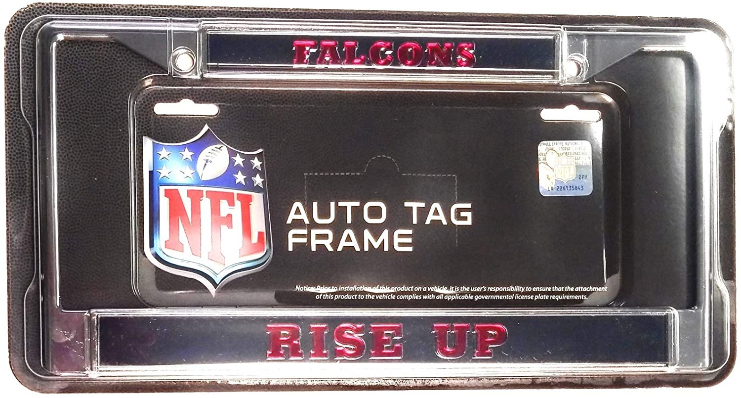 Atlanta Falcons Metal License Plate Frame Chrome Tag Cover, Laser Acrylic Mirrored Inserts, Rise Up, 12x6 Inch