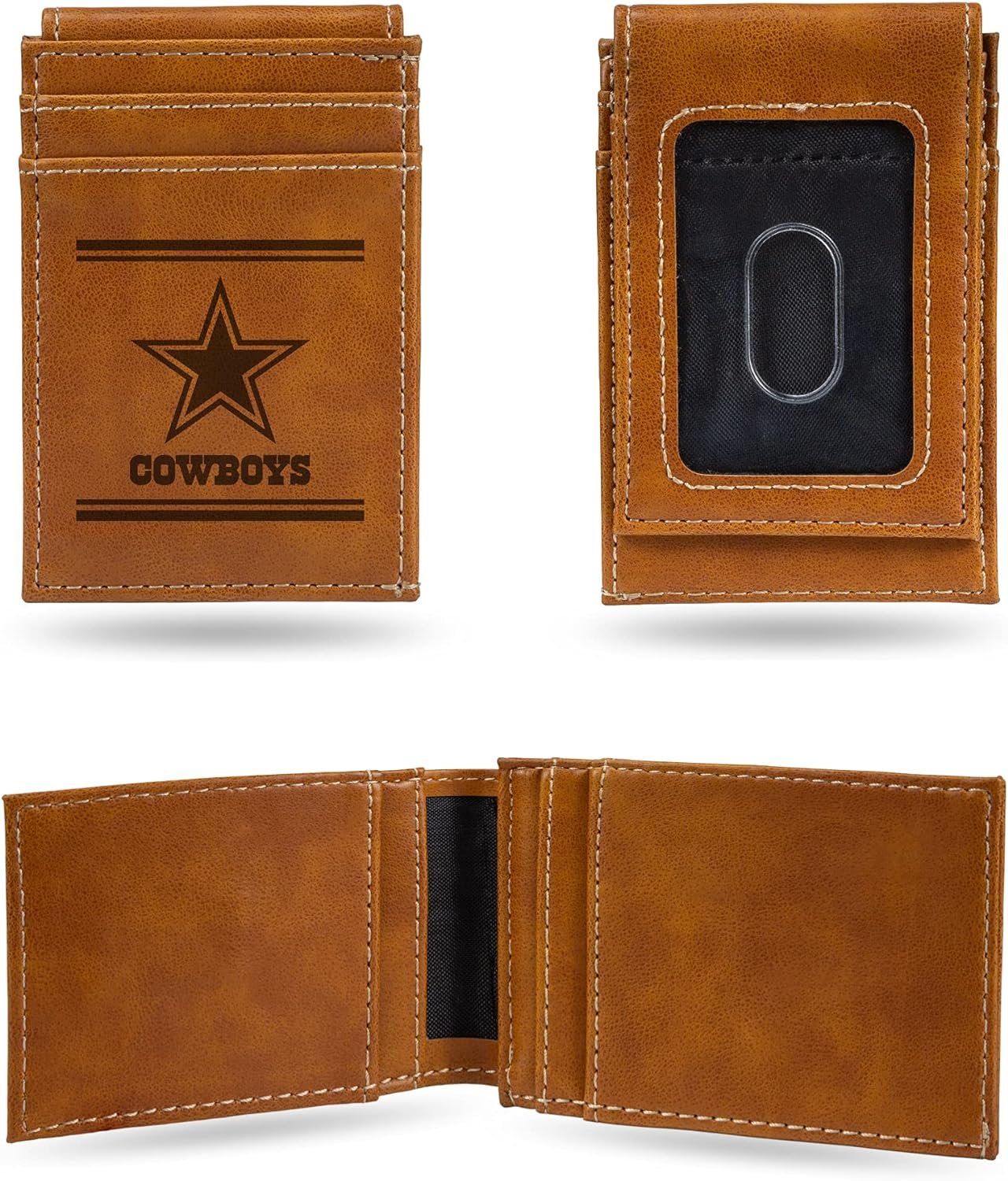 Rico Industries NFL Dallas Cowboys Premium Laser Engraved Vegan Brown Leather Front Pocket Wallet - Compact and Slim yet Sturdy Design - Perfect to Show Your Team Pride or Gift