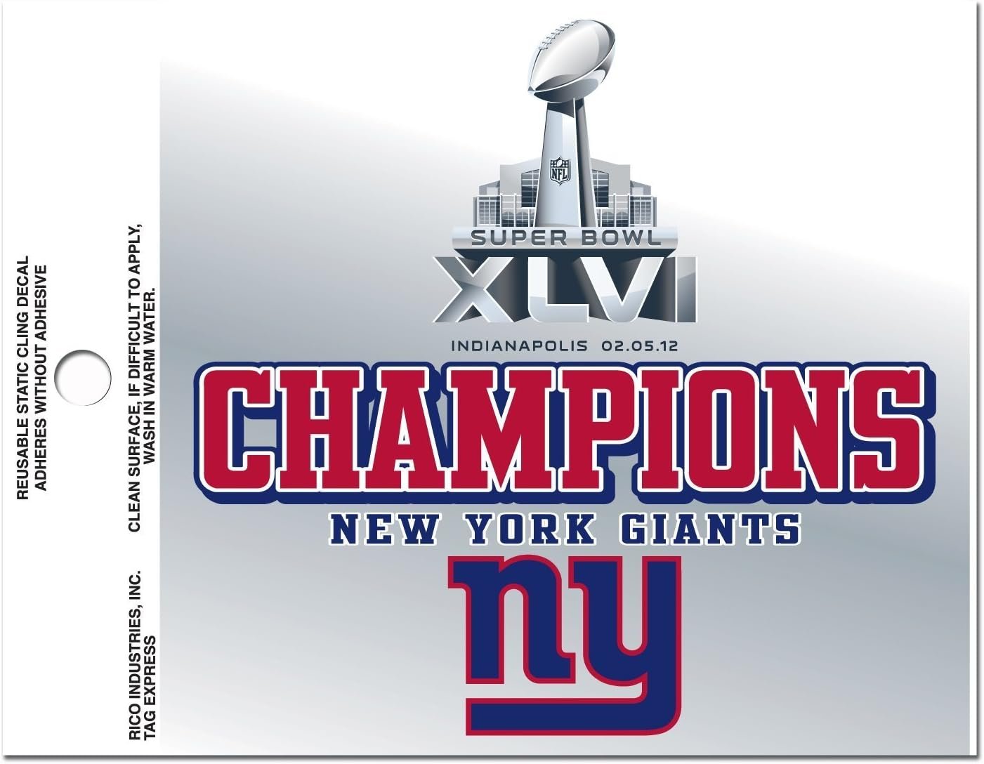 New York Giants Super Bowl XLVI Champions Static Cling Decal Sticker, 3.5 Inch, Clear Backing