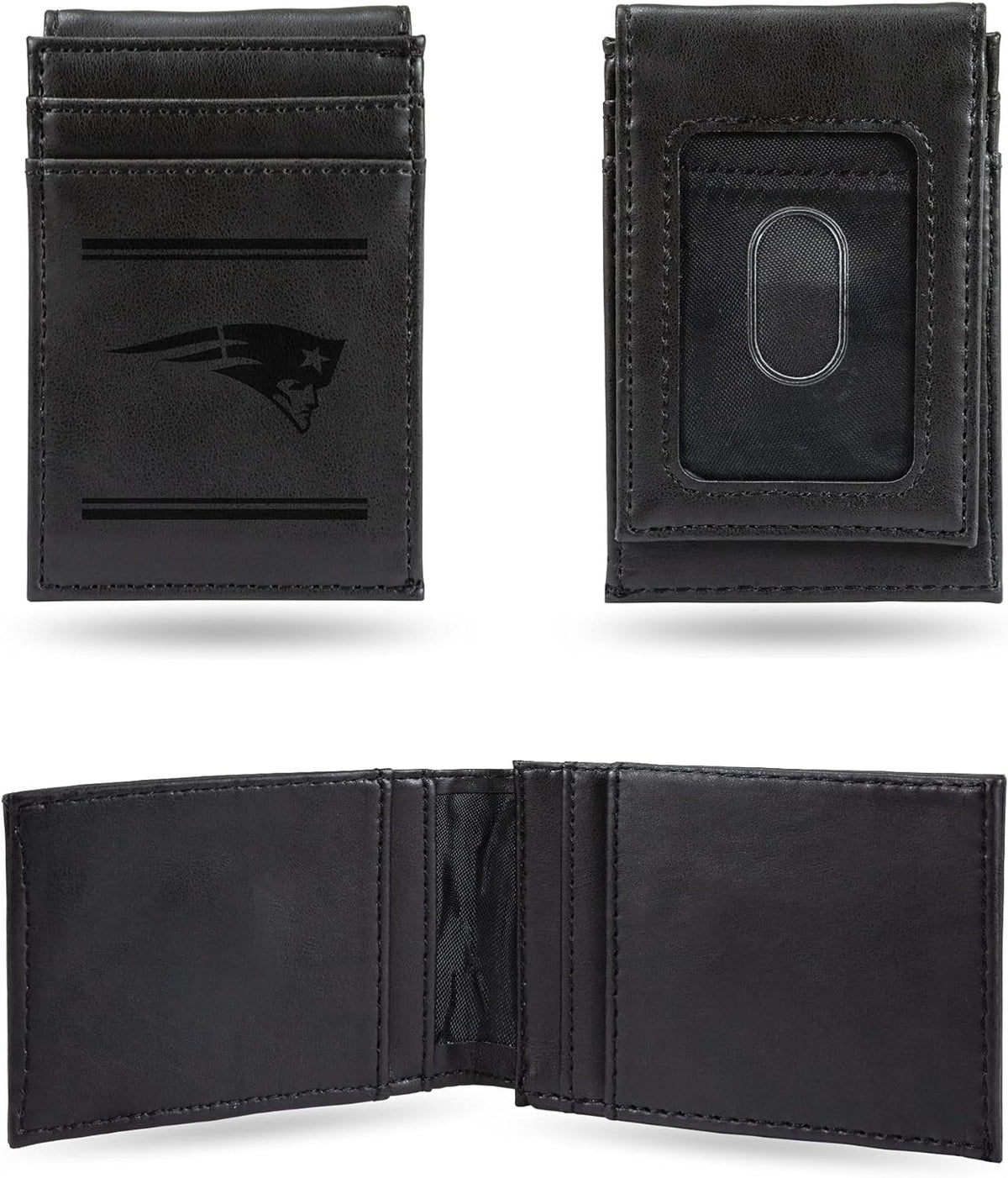 New England Patriots Premium Black Leather Wallet, Front Pocket Magnetic Money Clip, Laser Engraved, Vegan